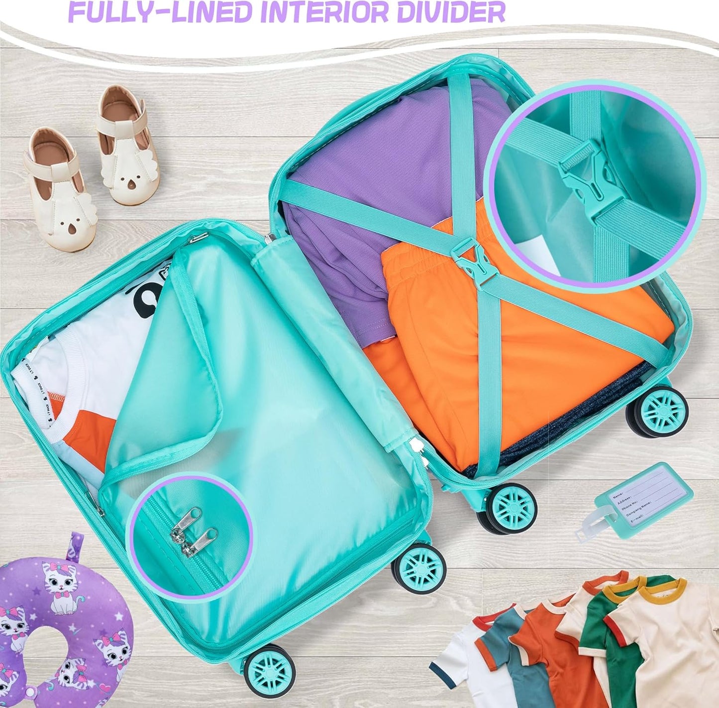 Cute Cat Kid’s Luggage Set 5 Piece Suitcase Set 16’’ Hardside Luggage with Spinner Wheels Girls Boys Carry on Toddler Luggage Travel Rolling Luggage Carry on Luggage Airline Approved