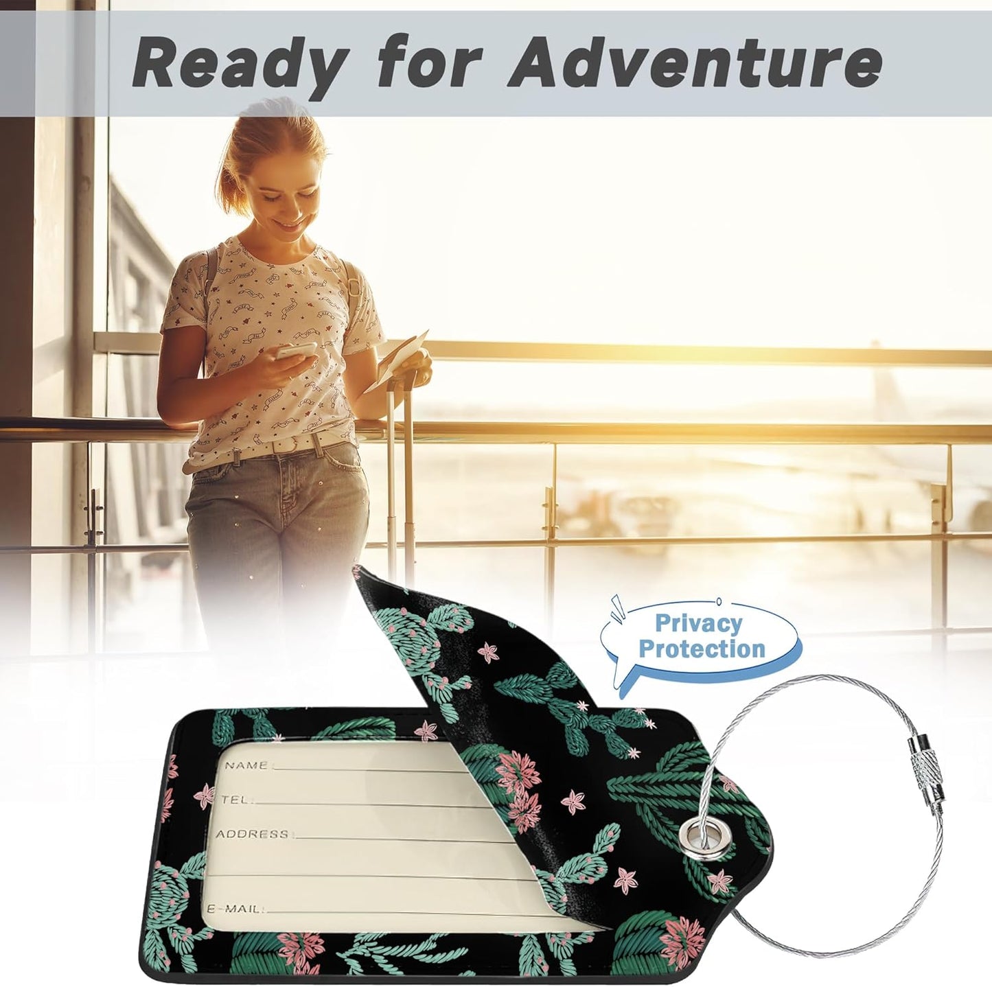 Abstract Cactus Plants Luggage Tag for Suitcase 2 Pcs Unique Leather Suitcase Tags with Full Privacy Cover Stainless Steel Loop for Women Men Travel Baggage Bag Backpack