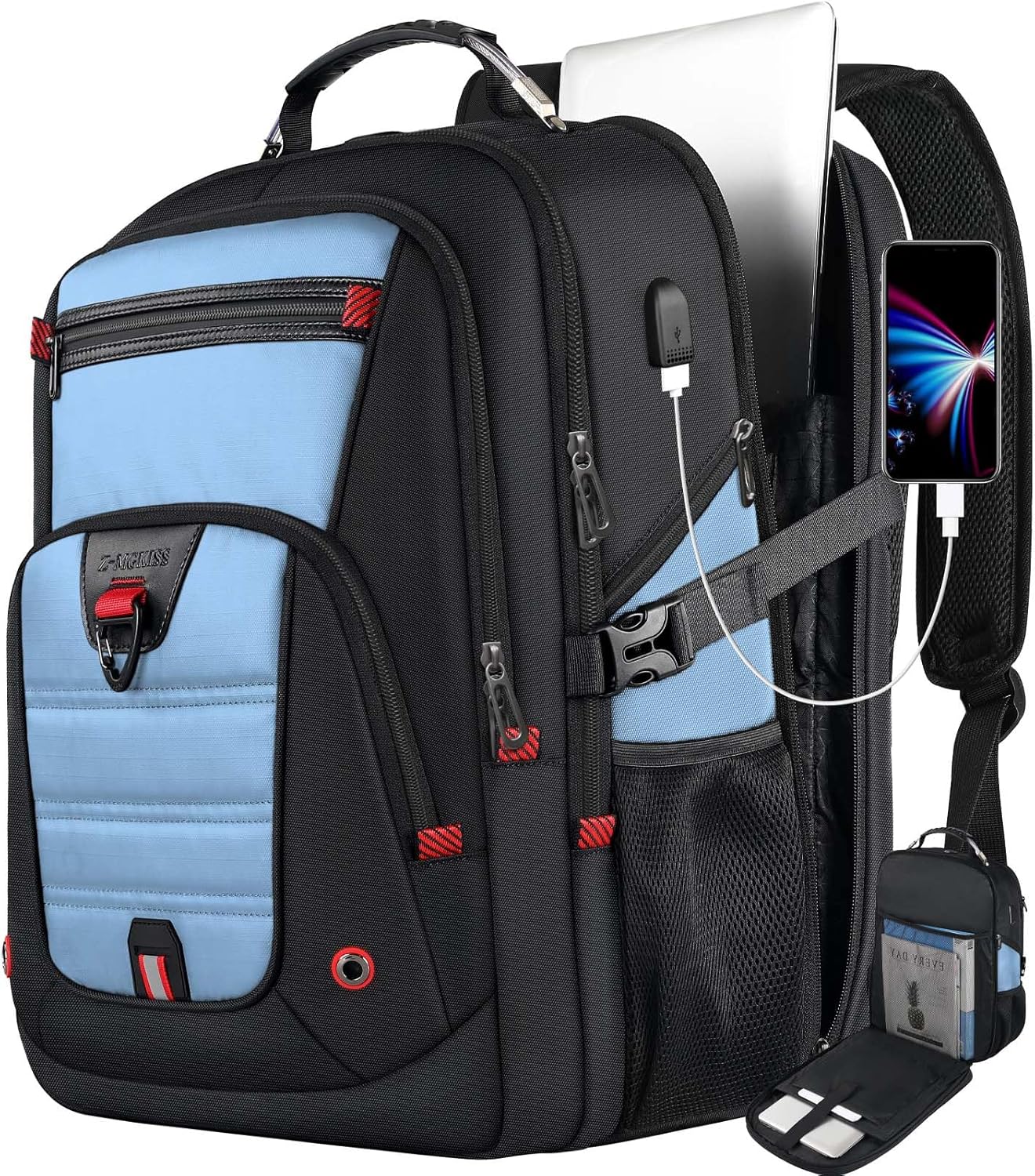 Z-MGKISS 18.4"-19" Extra Large Laptop Backpack, Water-Resistant Gaming Laptop Travel Backpack, School Bag with USB Charging Port and Multiple Compartments, Gifts for Men & Women, Lake Blue