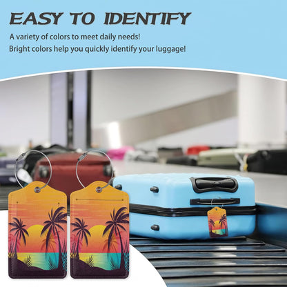 3 Pack Luggage Tag for Suitcase,Tropical Sunset Palm Leather Luggage Tags with Privacy Cover Name ID Label Identifiers Travel Bag Tags for Women Men Boys Girls