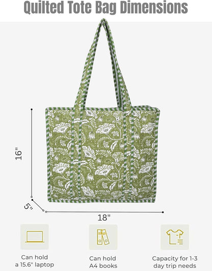 Cotton Quilted Tote Bag for Women – Large Beach & Travel Tote with Zipper, Reusable Grocery Bag