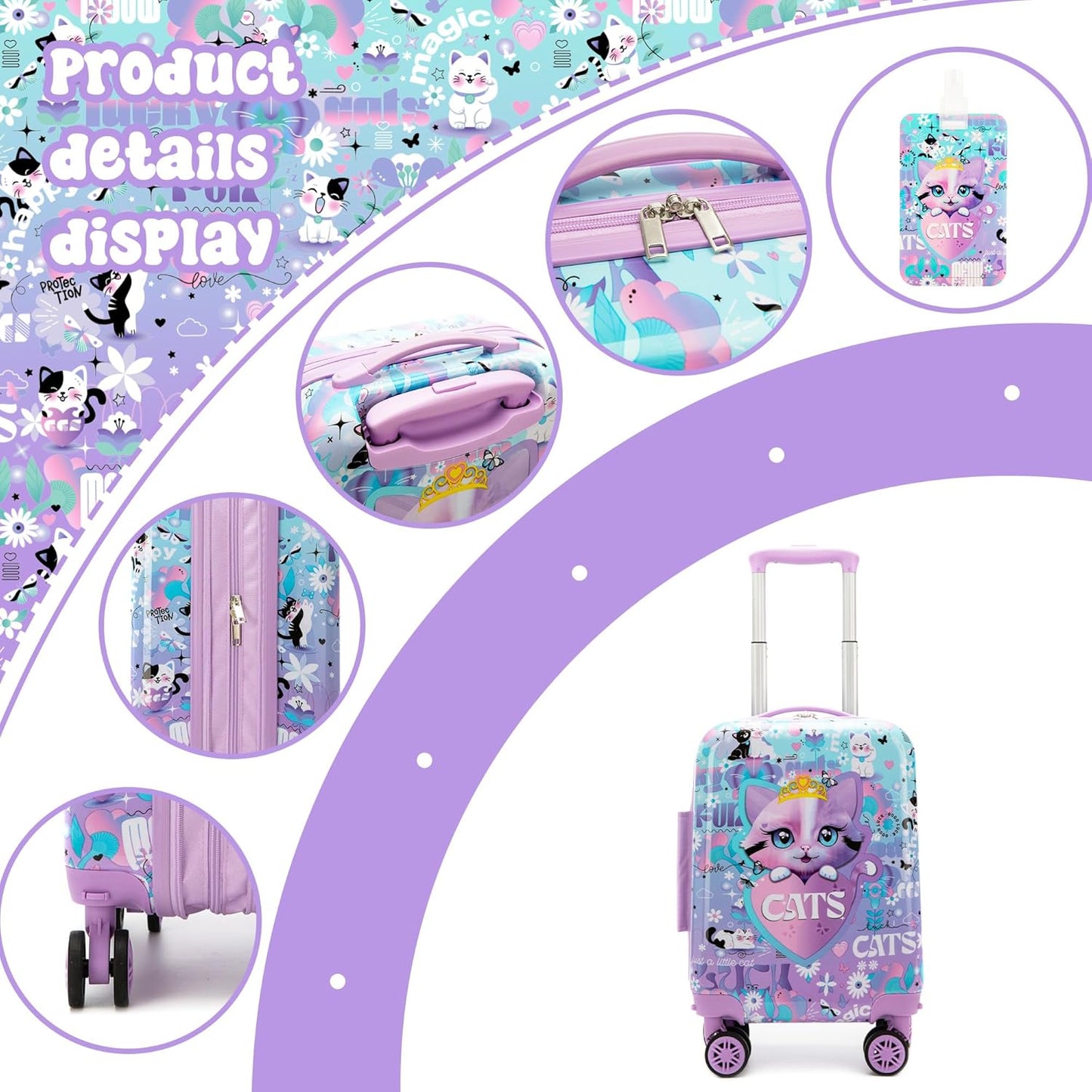 Kid’s Luggage Set 5 Piece Suitcase Set 16’’ Hardside Luggage with Spinner Wheels Girls Carry on Toddler Travel Rolling Suitcase Carry on Luggage Airline Approved