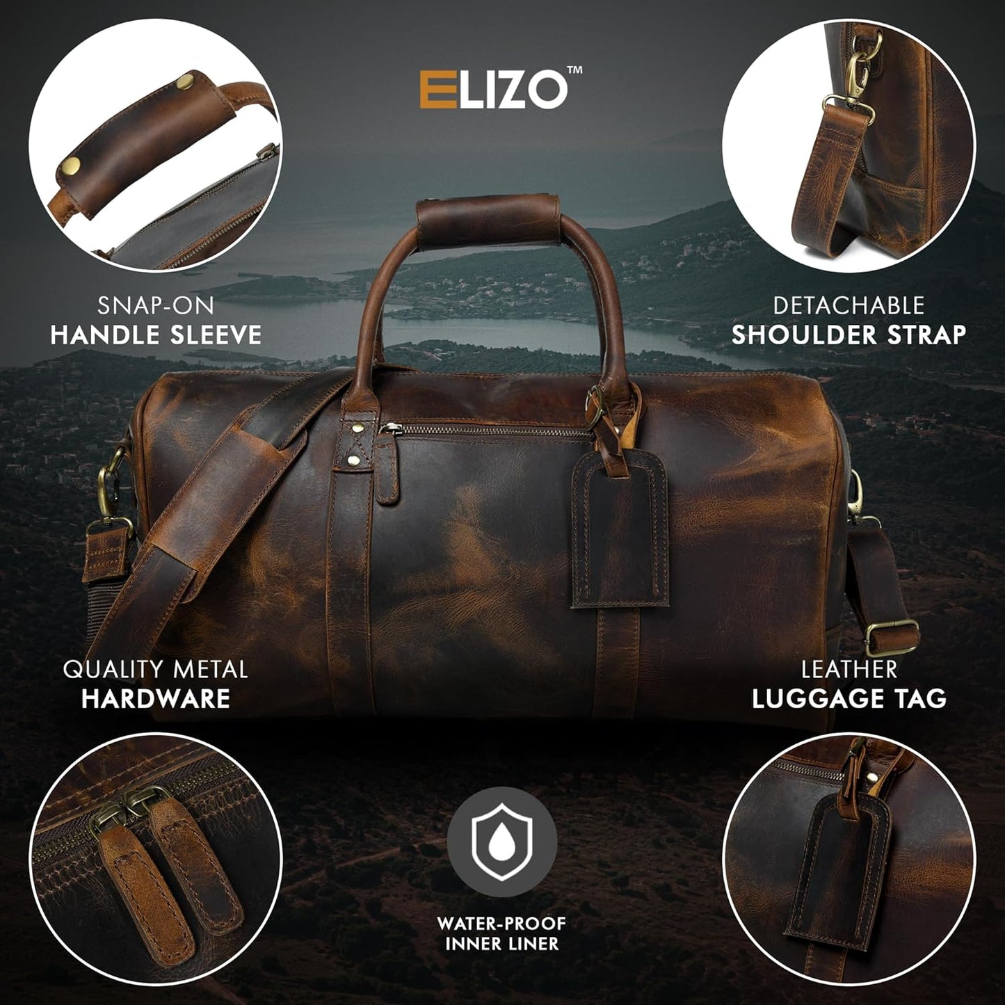 ELIZO Leather Duffle Bag For Men Women REAL FULL GRAIN Travel Overnight Weekender Carry On Luggage Sports Gym Bags (Antique 20 Inch) Nomad