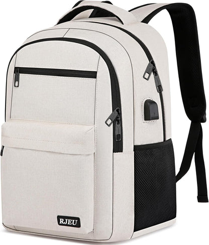 School Backpack for Teen Girls, Laptop Backpack 15.6 Inch with USB Charging Port, Sturdy Beige College Bookbag