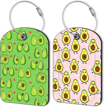 2 Pack PU Luggage Tags for Suitcase, Avocado Suitcase Tag Leather ID Label Bag Tags with Privacy Cover and Metal Loop for Men Women Travel Bag