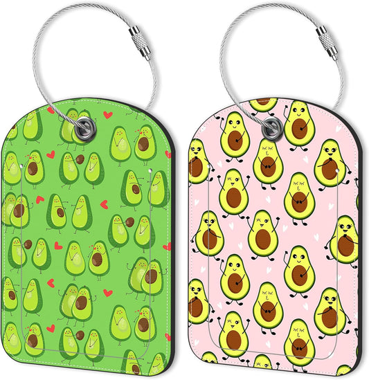 2 Pack PU Luggage Tags for Suitcase, Avocado Suitcase Tag Leather ID Label Bag Tags with Privacy Cover and Metal Loop for Men Women Travel Bag
