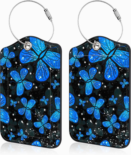 2 Pack Luggage Tags for Suitcases Blue Butterfly Leather Luggage Tags Privacy Cover ID Label with Stainless Steel Loop and Address Card for Women Men Travel Bag Backpack