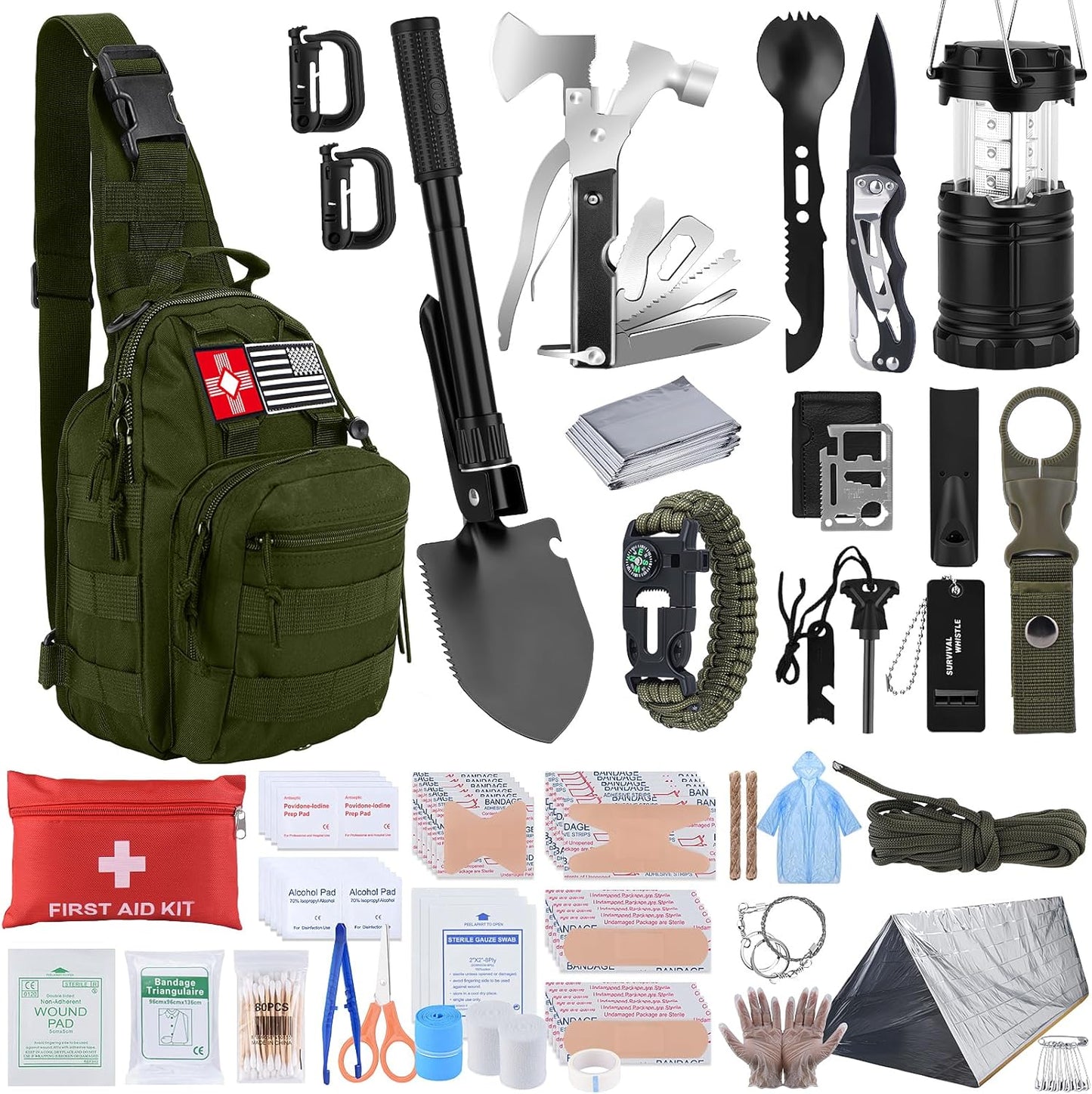 Survival Kit, Gifts for Christmas Men, Women, 251pcs Emergency Survival Gear and Supplies Equipment, First Aid Kit with Crossbody Bag, Camping Essentials for Earthquake, Hiking, Outdoor Adventure