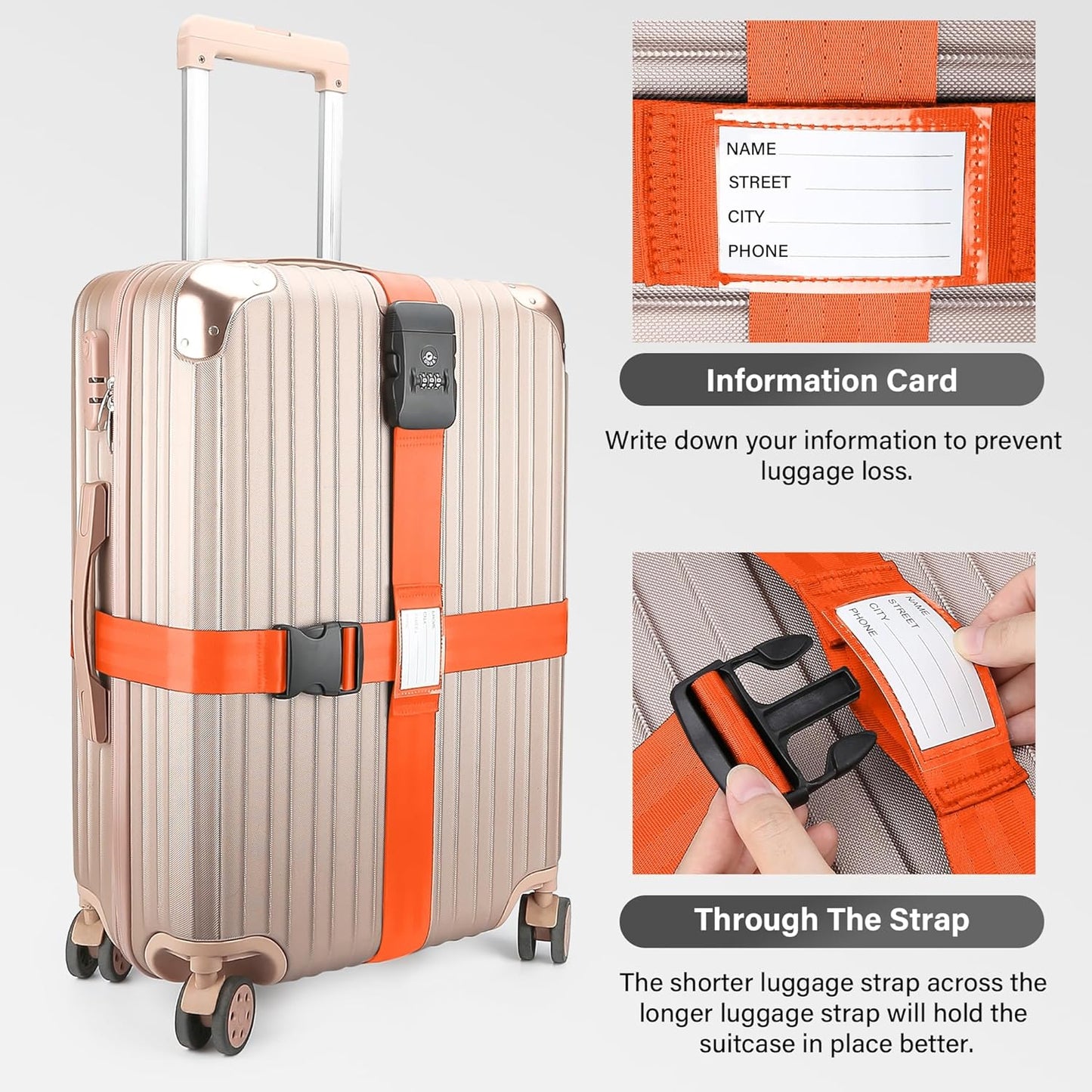 Luggage Straps, Orange TSA Approved Luggage Strap Belt with Combination Lock for Suitcases, 2 Pack Adjustable Heavy Duty Cross Suitcase Straps with Name Tags for Travel, Carry On Bags, Protect Luggage