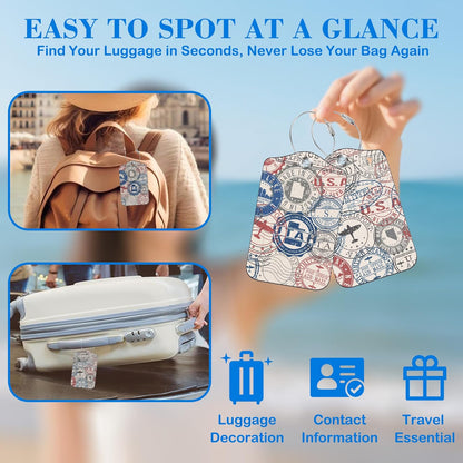 Travel Stamp Luggage Tags for Suitcases Leather Travel Tags for Luggage ID Label with Privacy Cover and Stainless Steel Loop for Men Women Suitcase Backpack, Set of 2