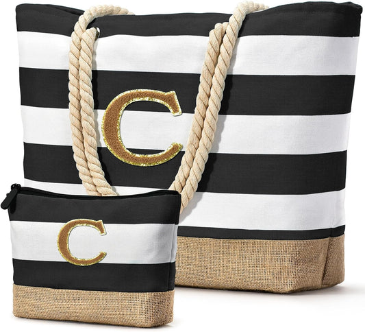 Becokan Beach Bag Initial Beach Tote with Makeup Bag for Travel Work Storage Personalized Birthday Gifts for Women Her