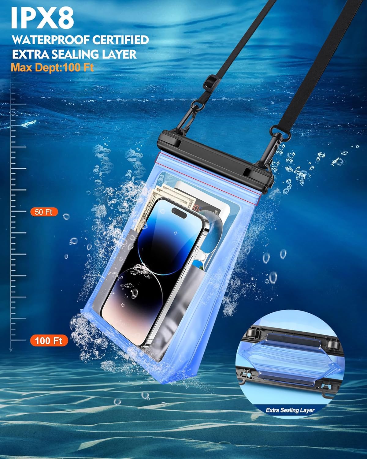 Large Waterproof Phone Pouch Floating, [Double Seals] IPX8 Waterproof Pouch for Beach Vacation Concert, Cell Phone Dry Bag for iPhone Samsung Google All Device Blue