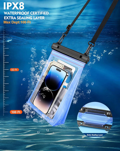 Large Waterproof Phone Pouch Floating, [Double Seals] IPX8 Waterproof Pouch for Beach Vacation Concert, Cell Phone Dry Bag for iPhone Samsung Google All Device Blue