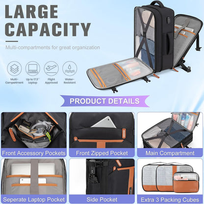 42L Travel Laptop Backpack, Expandable Carry-on Luggage, Anti-Theft Business Weekender Bag with USB Port, 3 Packing Cubes & Shoe Bag (Black)