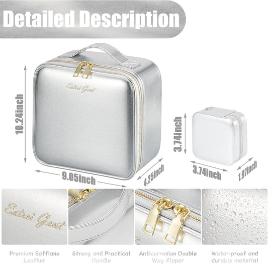 Makeup Travel Train Case with Mirror LED Light 3 Adjustable Brightness Large Cosmetic Bag Portable Storage Adjustable Partition Waterproof Make up Brushes Makeup Jewelry Gift for Women