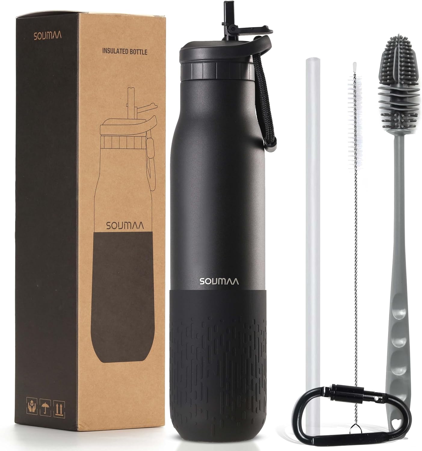 Insulated Stainless Steel Water Bottles with Straw, Wall Vacuum Insulated Water Bottle with Straw for Gym Traveling Camping Hiking Outdoor Activity(2 Cleaning Brushes+1 Carabiner, 26 oz Black)