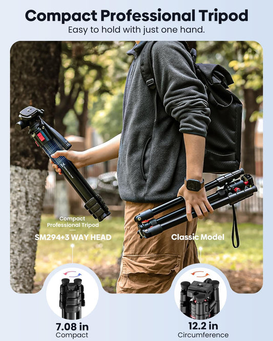 68" Lightweight Camera Tripod Stand, Compact Portable Travel Aluminum Tripod for DSLR/SLR, Compatible with Canon/Nikon/Phone (Supports 8.8 lbs, Weighs 2.46 lbs) Black