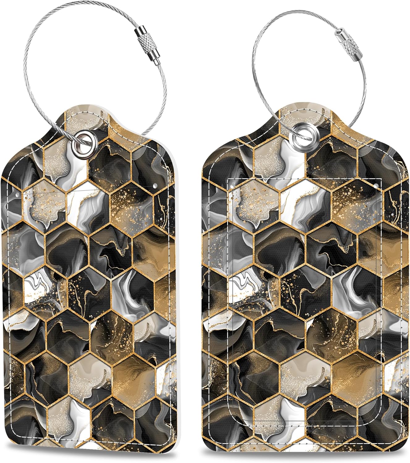 Gold Ink Hexagon Texture Luggage Tags 2PCS PU Leather Suitcases Tag with Stainless Steel Loop and Privacy Name Address Cover Label Card for Women Men Travel