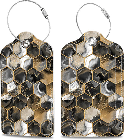 Gold Ink Hexagon Texture Luggage Tags 2PCS PU Leather Suitcases Tag with Stainless Steel Loop and Privacy Name Address Cover Label Card for Women Men Travel