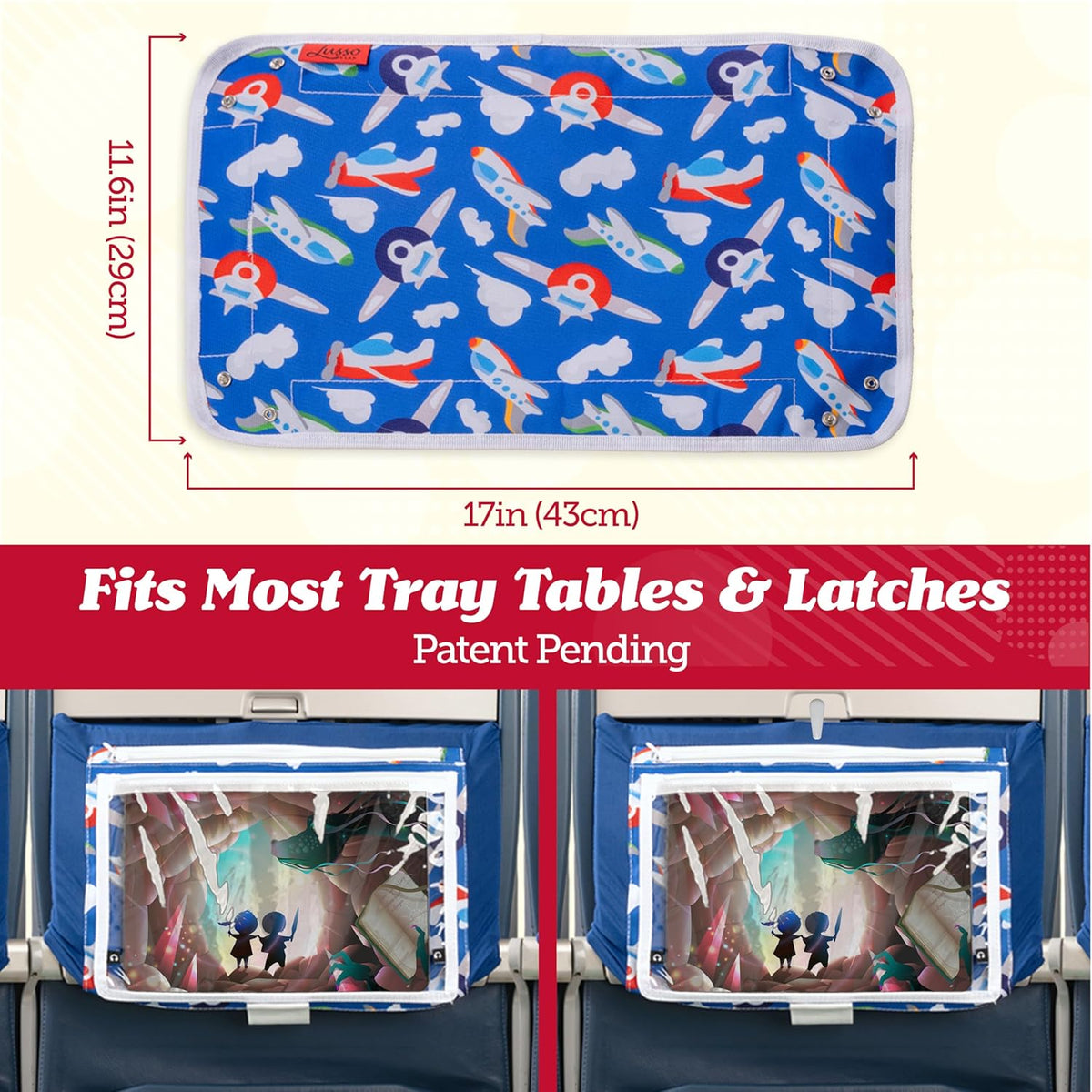Lusso Gear Kids Airplane Tray Cover with Pockets - Airplane Essentials for Toddlers - Kids Travel Tray for Plane or Train - Organize Toys, Snacks - Tablet Holder - Flying Must Have (Dinos)