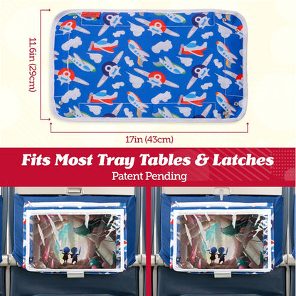 Lusso Gear Kids Airplane Tray Cover with Pockets - Airplane Essentials for Toddlers - Kids Travel Tray for Plane or Train - Organize Toys, Snacks - Tablet Holder - Flying Must Have (Dinos)
