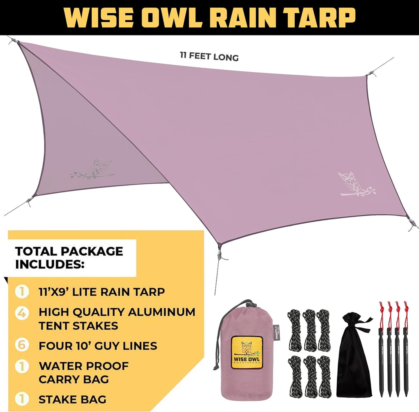 Wise Owl Outfitters Hammock Rain Fly – Waterproof Camping Tarp Cover with Tent Stakes & Carry Bag, Ultralight Shelter for Backpacking & Outdoor Shade