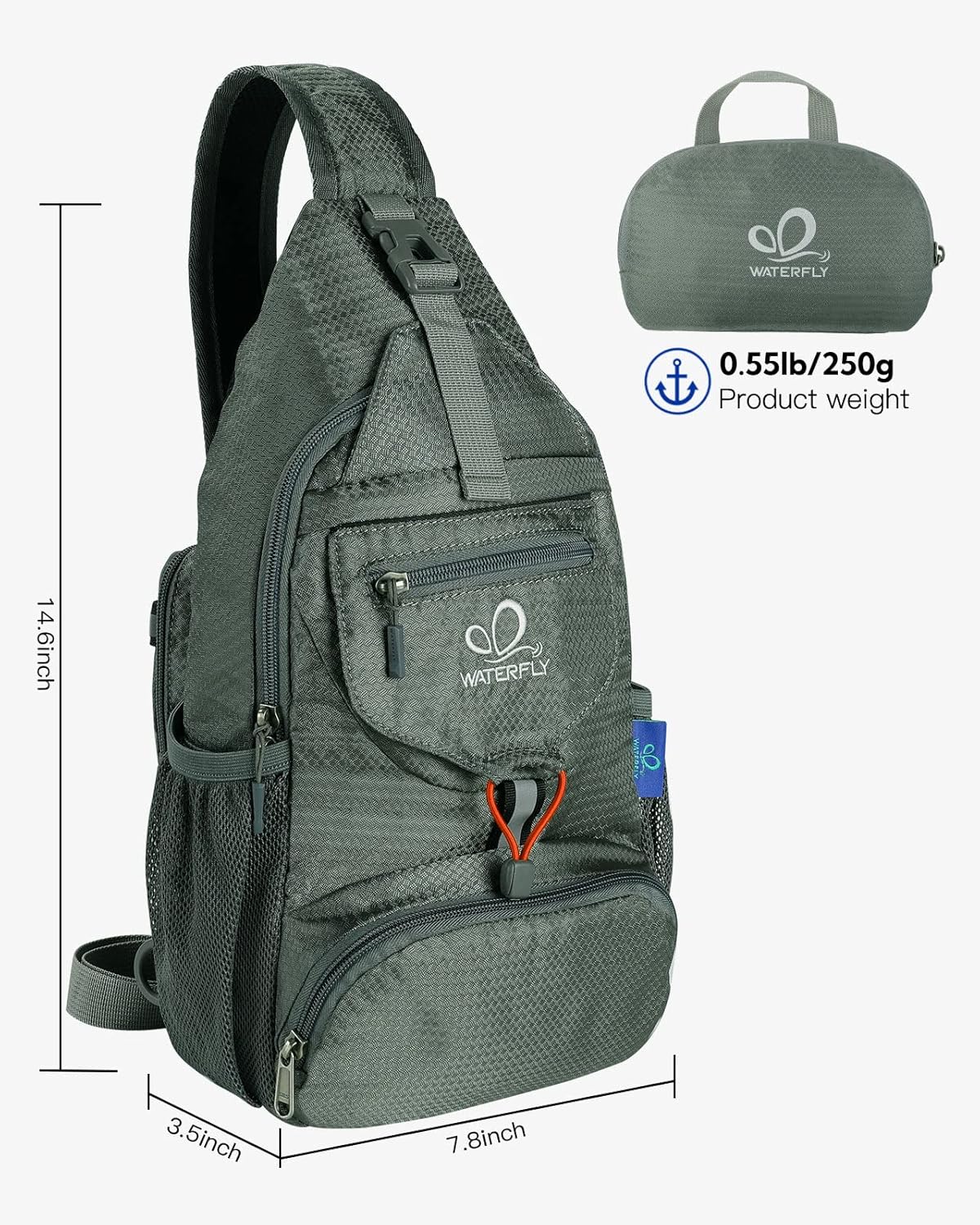 WATERFLY Packable Small Crossbody Sling Backpack Shoulder Chest Bag Daypack for Hiking Traveling