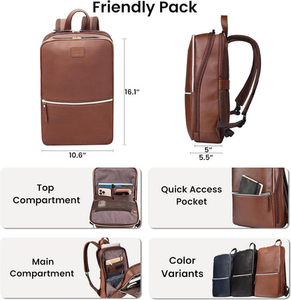 LEATHER VILLAGE Leather Laptop Backpack for Men |Brown | Slim Professional Business Bag Fits 15.6”-Laptop | Water-Repellent Work & Travel Daypack with Trolley Strap