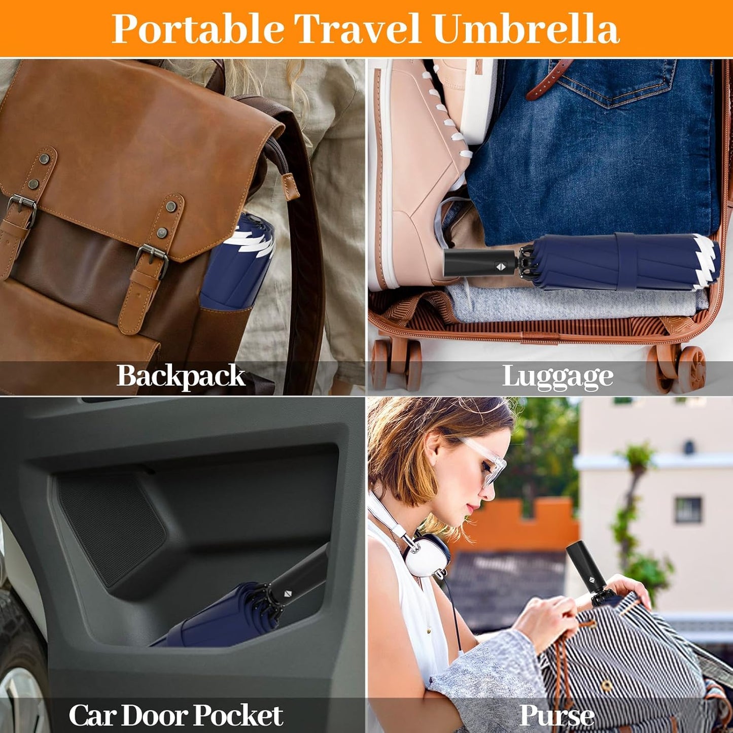 Travel Umbrella Superior, Beautiful & Compact, Large Strong but Light Portable and Automatic Folding Rain Umbrella, Premium Grip, Fits Car & Backpack