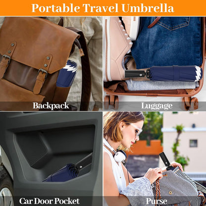 Travel Umbrella Superior, Beautiful & Compact, Large Strong but Light Portable and Automatic Folding Rain Umbrella, Premium Grip, Fits Car & Backpack