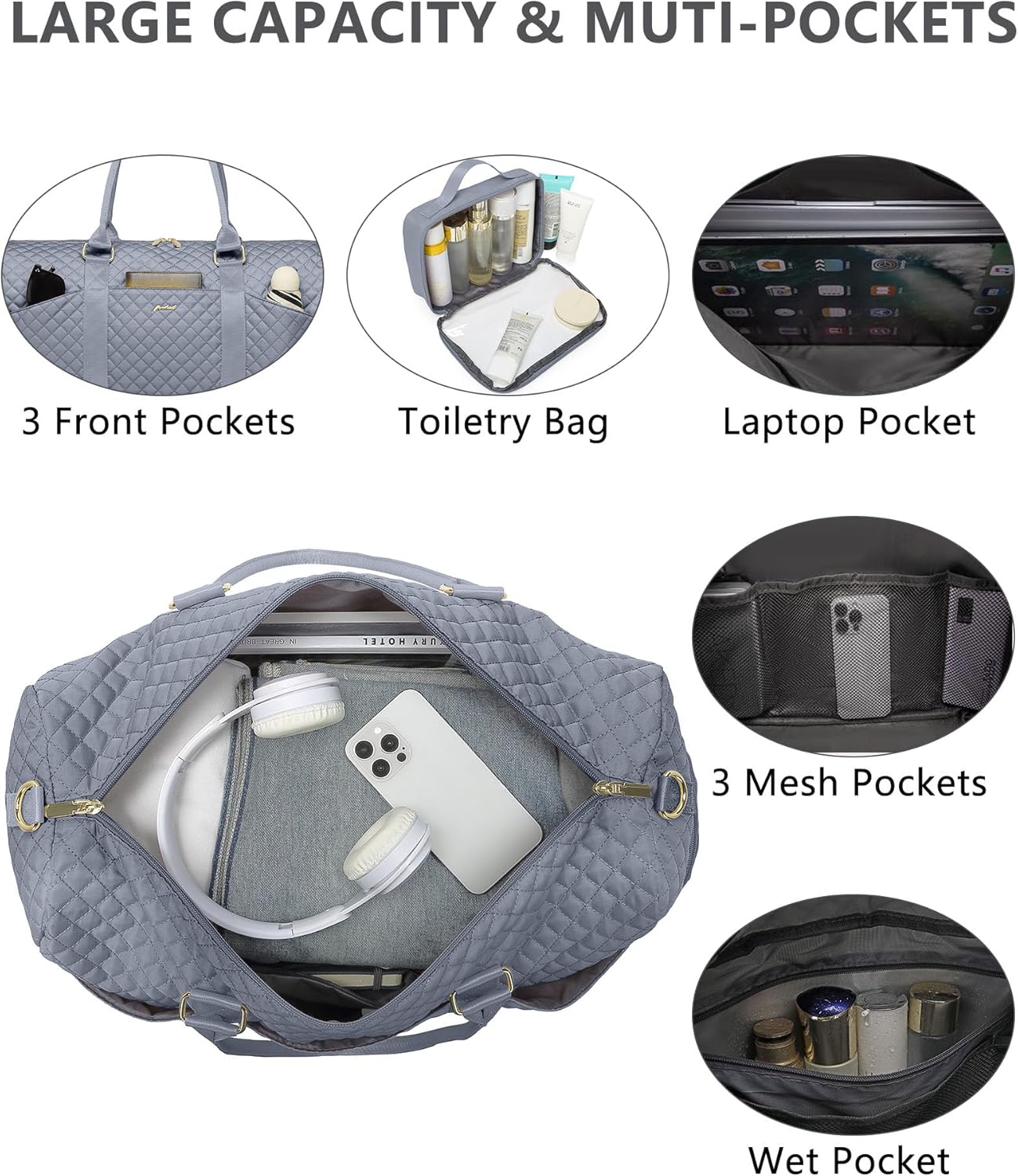 Weekender Travel Duffle Bag for Women - Carry on Bag with Shoe Compartment Overnight Bags with Toiletry Bag Wet Pocket Weekend Traveling Yoga Gym Hospital Bags for Labor and Delivery Grey