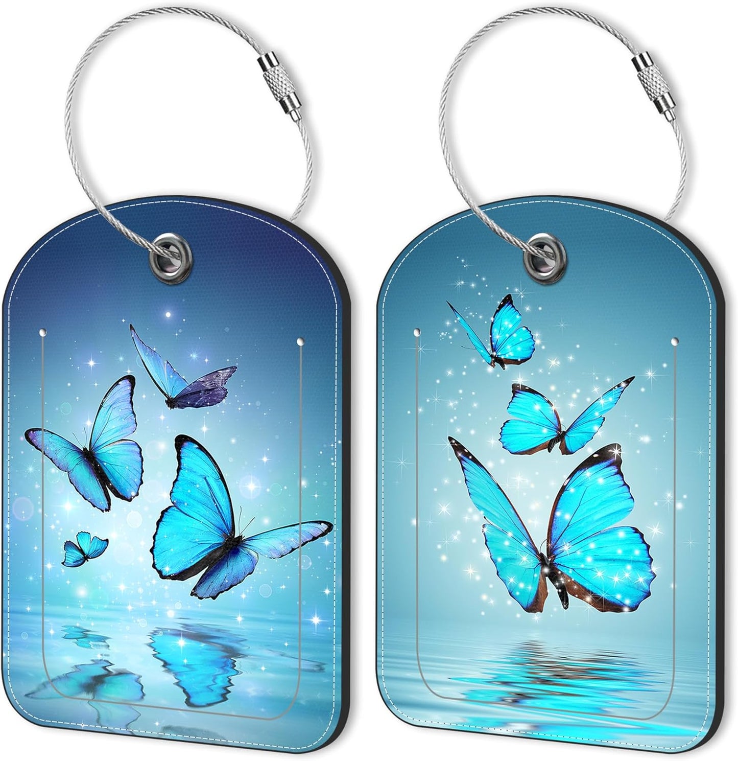 2 Pack PU Luggage Tags for Suitcase, Blue Butterfly On Water Suitcase Tag Leather ID Label Bag Tags with Privacy Cover and Metal Loop for Men Women Travel Bag