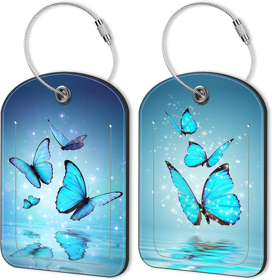 2 Pack PU Luggage Tags for Suitcase, Blue Butterfly On Water Suitcase Tag Leather ID Label Bag Tags with Privacy Cover and Metal Loop for Men Women Travel Bag