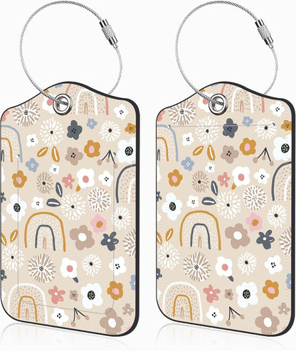 2 Pack Luggage Tags for Suitcases Boho Rainbow Flower Leather Luggage Tags Privacy Cover ID Label with Stainless Steel Loop and Address Card for Women Men Travel Bag Backpack