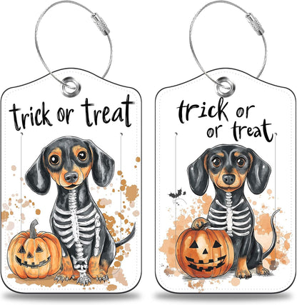 Halloween Funny Dachshund Dog and Pumpkin Set of 2 Luggage Tags for Suitcases Leather Suitcase Tags with Privacy Name Address Label and Stainless Steel Loop for Women Men Travel Luggage Accessories