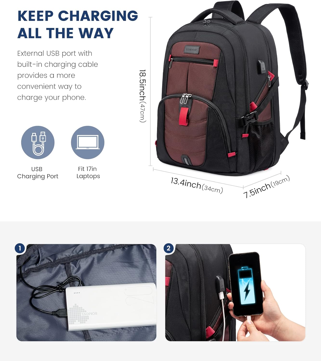 LOVEVOOK Travel Backpack for Men 17inch Large Work Backpack for Men Large Capacity Lockable Mochilas para Hombres Waterproof Computer Backpack for Work Business Travel College (17 inch,Black&Brown