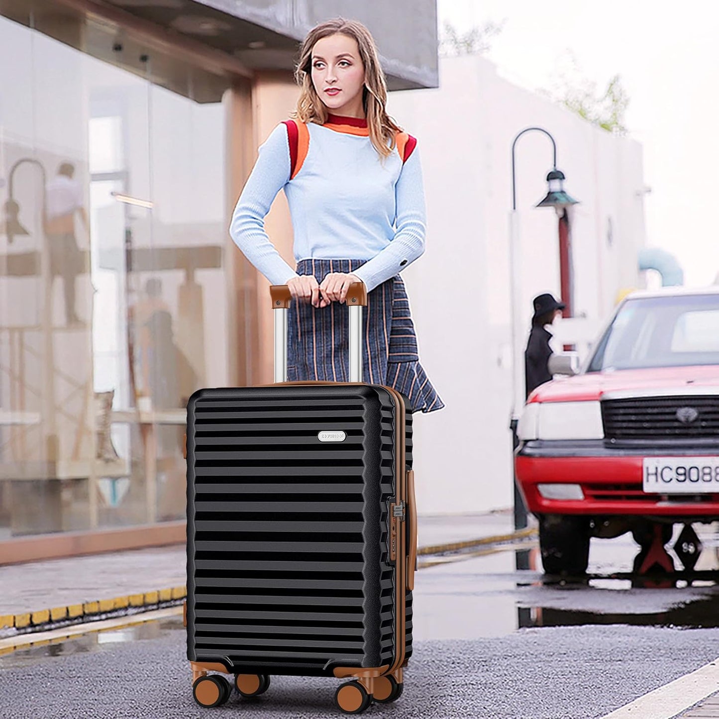 SHOWKOO Carry On Luggage Hardshell Lightweight Luggage Set, Suitcase with Double Spinner Wheels Tsa Lock White 3 piece set Black (DB/TB/20in)