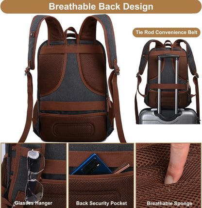 Mactso Canvas Travel Laptop Backpack for Men Women, Business Work Rucksack College School Computer Bag Fits 15.6 Inch Notebook,Bookbag with USB Charging Port (Black, 15.6 Inch)