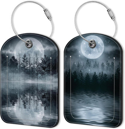 2 PCS Leather Luggage Tag for Suitcase Forest Moonlight Reflection in Water Travel Suitcase Labels with Privacy Name ID Label and Stainless Steel Loop for Adults Teens Travel Bag Labels Set
