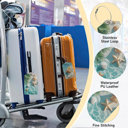 Starfish Seashell on Beach Luggage Tags for Suitcase,3 Pack Luggage Tag Leather Privacy Cover ID Label with Stainless Steel Loop for Women Men