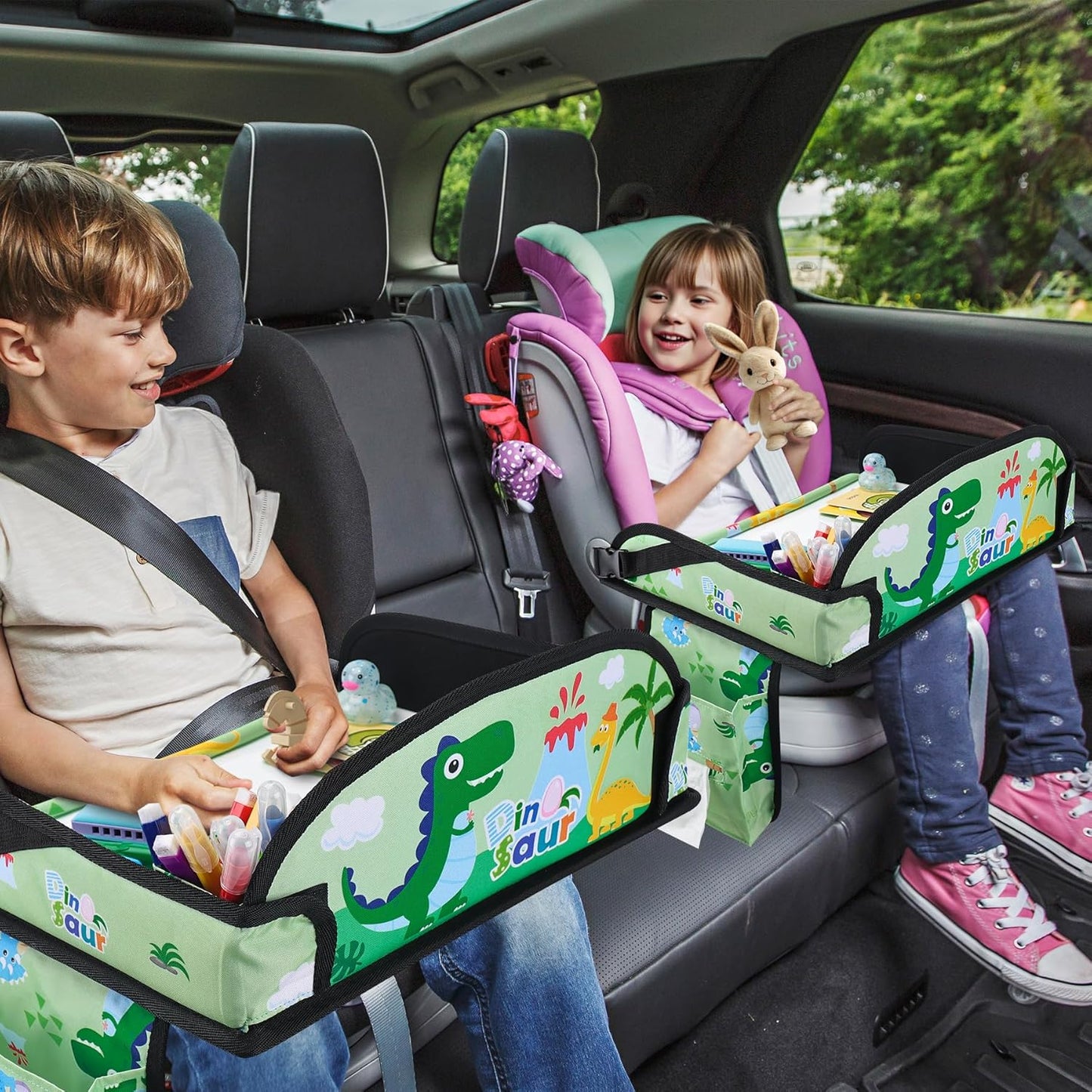 Kids Travel Tray, Kids Travel Trays for Car Seat, Road Trip Essentials for Toddler, Carseat Lap Tray with Dry Erase Board & Storage Organizer for Road Trip Activities for Kid, Green
