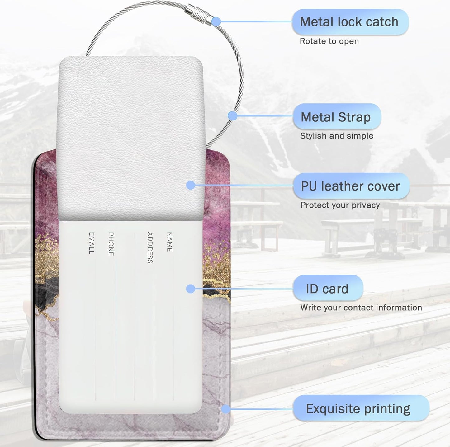 Gold Blue Pink Marble Abstract Luggage Tags,2 Pack Luggage Tag,Leather Privacy Cover ID Label with Stainless Steel Loop for Women Men Kids Girls Travel