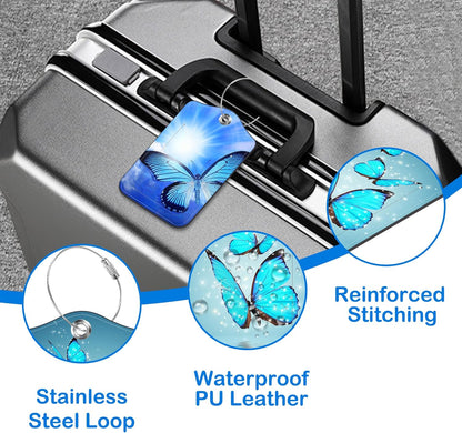 Blue Butterfly Luggage Tags for Suitcases Leather Travel Tags for Luggage ID Label with Privacy Cover and Stainless Steel Loop for Men Women Suitcase Backpack, Set of 2