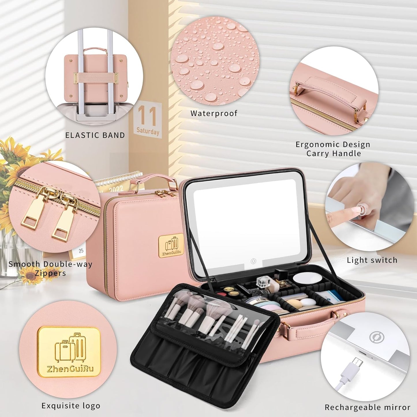 Makeup Bag with LED Mirror & Magnifier, Large Cosmetic Organizer Travel Makeup Case with Adjustable Brightness & 6 Detachable Dividers, Portable Makeup Storage for Women Girls (Pink)