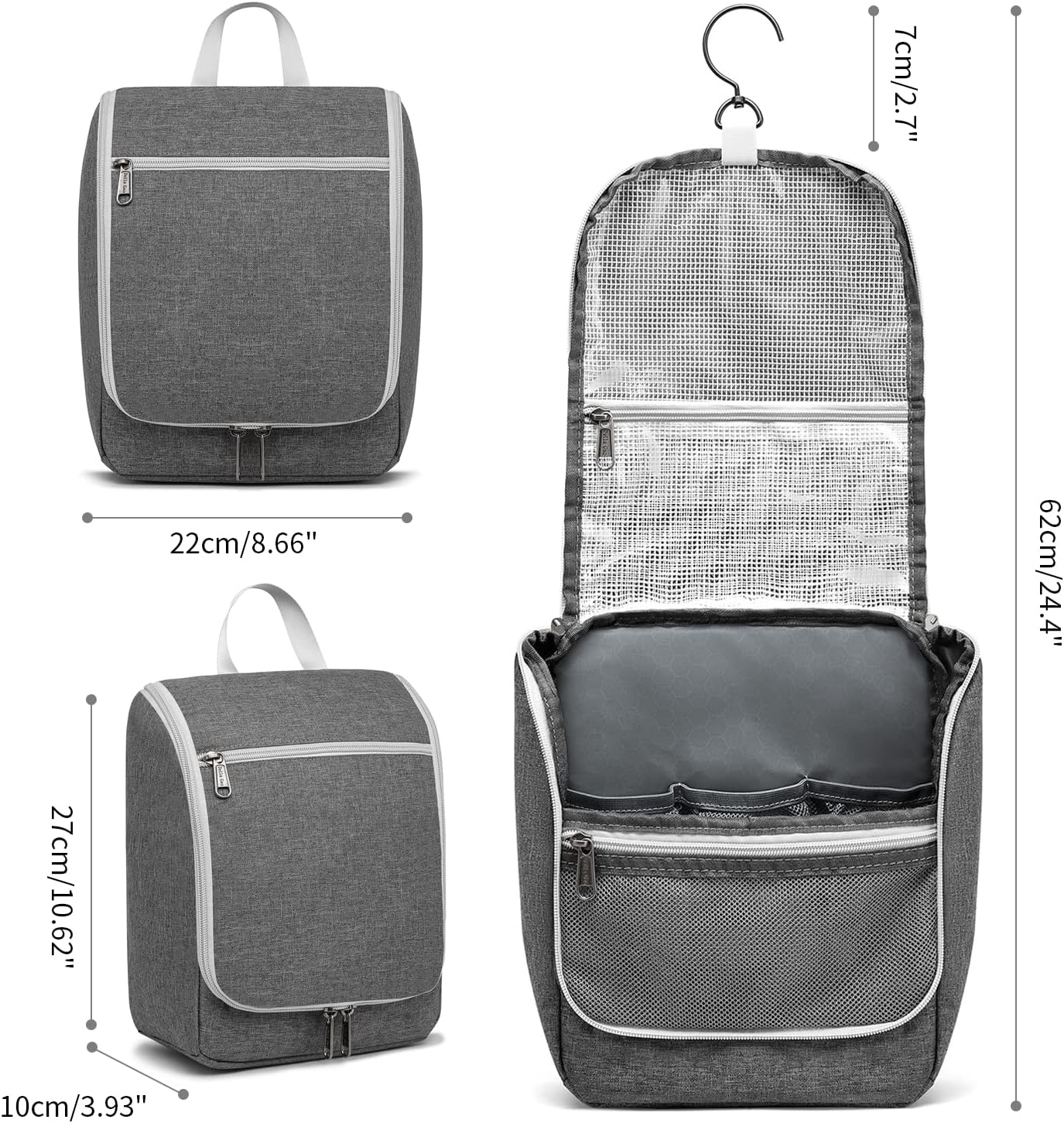 Della Gao Travel Hanging Toiletry bag for Men & Women, Water-resistant Sturdy Nylon Toiletries Organizer for Cosmetics, Makeup Brushes, Shaving Tools, Bathroom Bag, Grey