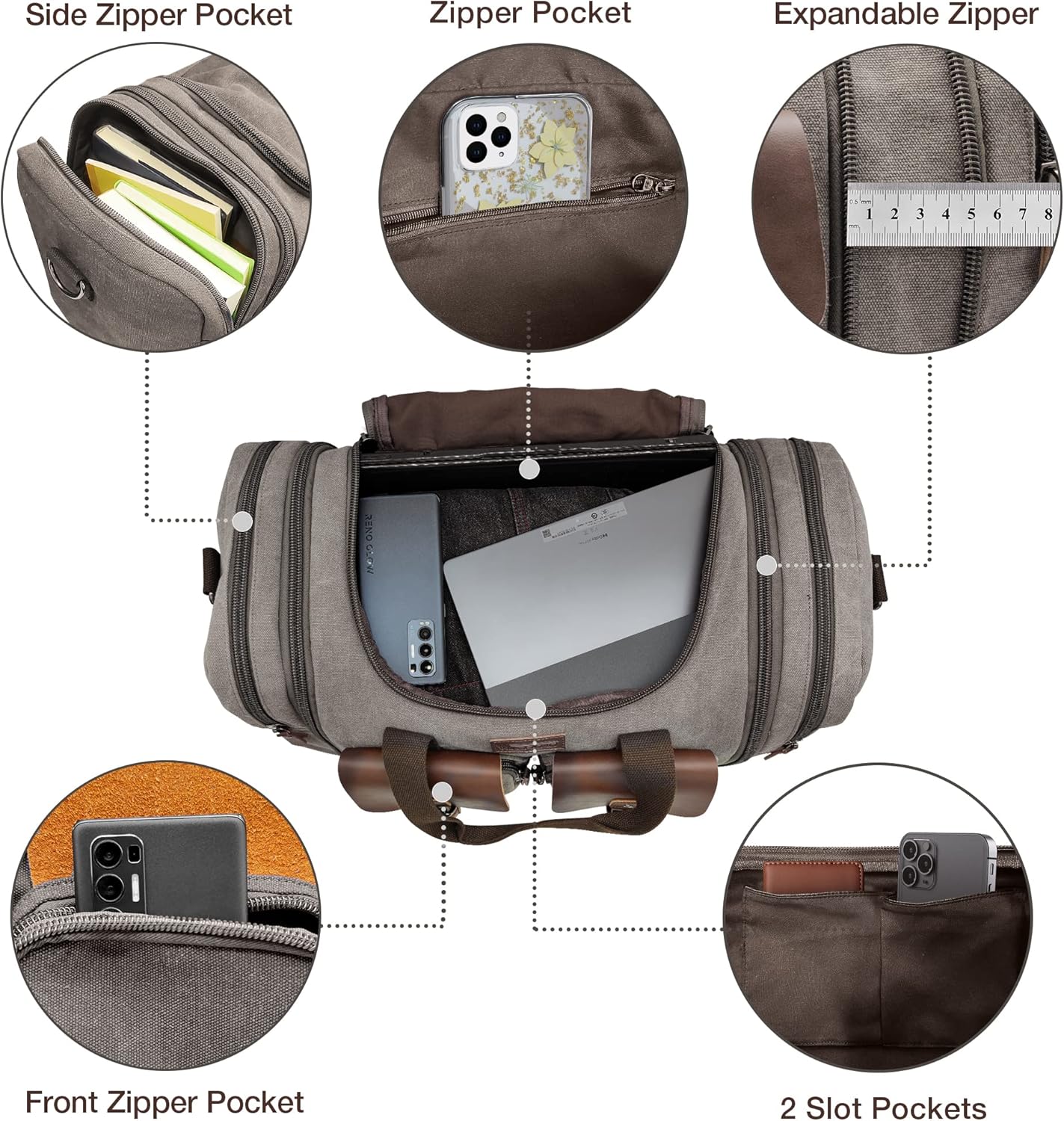 Wildroad 50L Travel Duffel Bag, Expandable Canvas Genuine Leather Duffle Bag Upgraded Overnight Weekender Carry on Bag