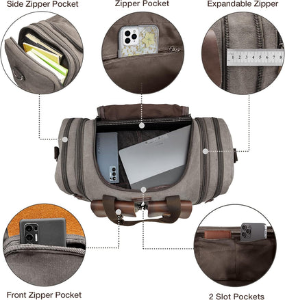 Wildroad 50L Travel Duffel Bag, Expandable Canvas Genuine Leather Duffle Bag Upgraded Overnight Weekender Carry on Bag