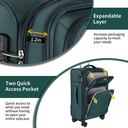 3-Piece Softside Expandable Luggage Set with Front Open Pocket, Lightweight and Durable Oxford Fabric Suitcase Set with TSA Lock (Dark Green, 20in/24in/28in)