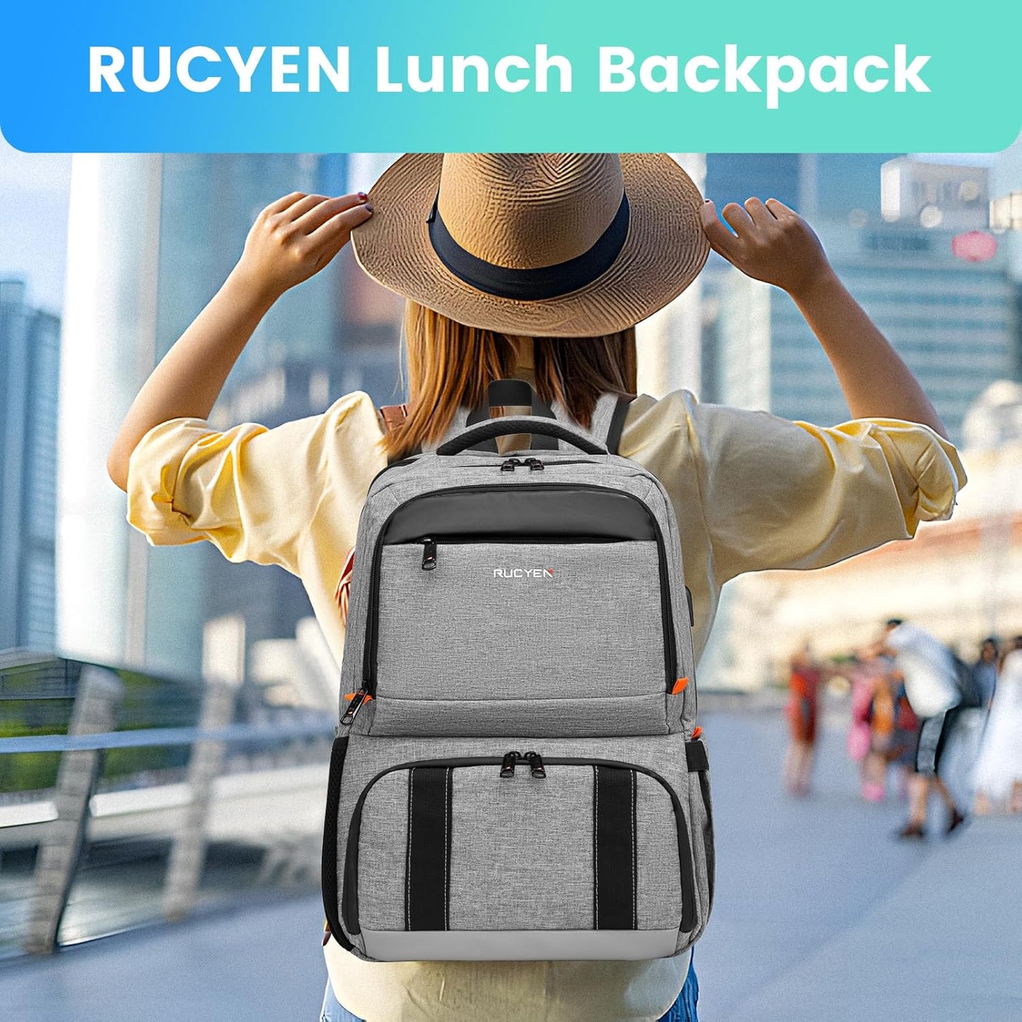 Lunch Backpack, Insulated Cooler Backpack Lunch Box for Men Women, 15.6 Inches RFID Blocking Laptop Backpack with USB Port for Work Travel Picnics Hiking Grey