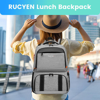 Lunch Backpack, Insulated Cooler Backpack Lunch Box for Men Women, 15.6 Inches RFID Blocking Laptop Backpack with USB Port for Work Travel Picnics Hiking Grey